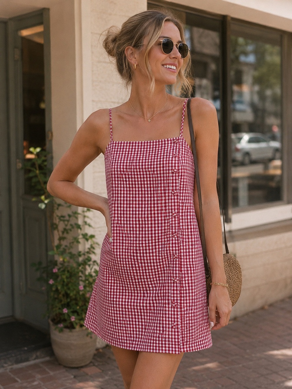 Le Lis Red & White Gingham Button Detail Mini Dress NWT Small